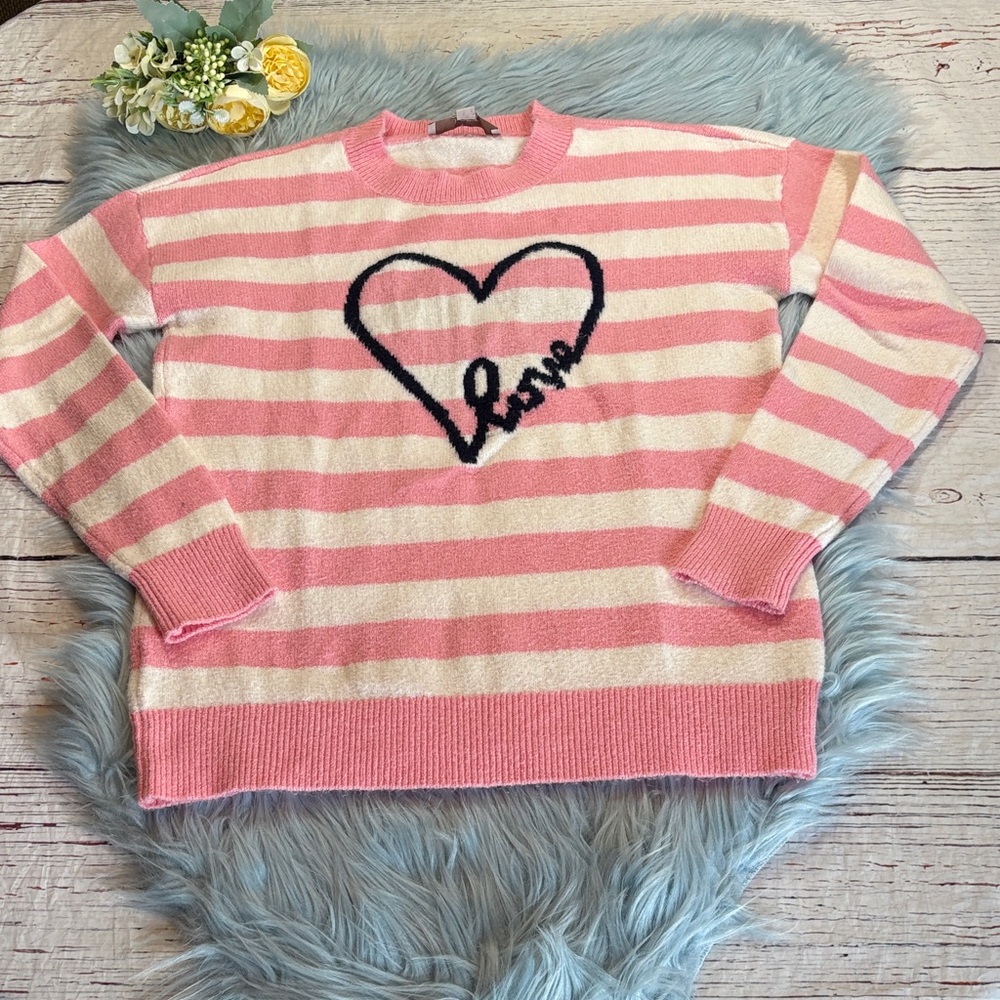 LOFT Pink White Stripe Love Heart Design Sweater sz XXS